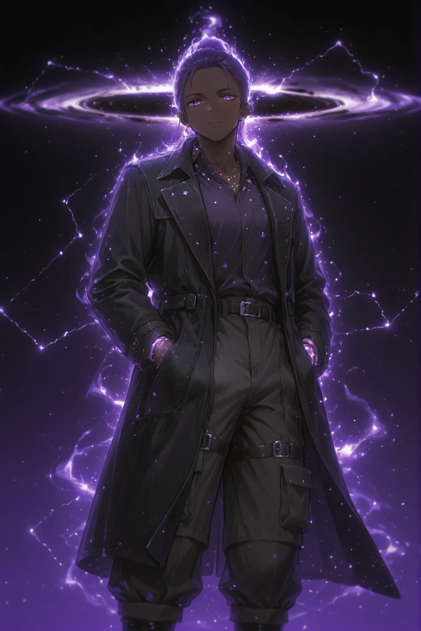A dark-skinned boy with purple eyes and an aura of stars looking like constellations surrounded by a black coat and cargo pants Holding a black hole in one hand as if it were a power while the other is in his pocket
