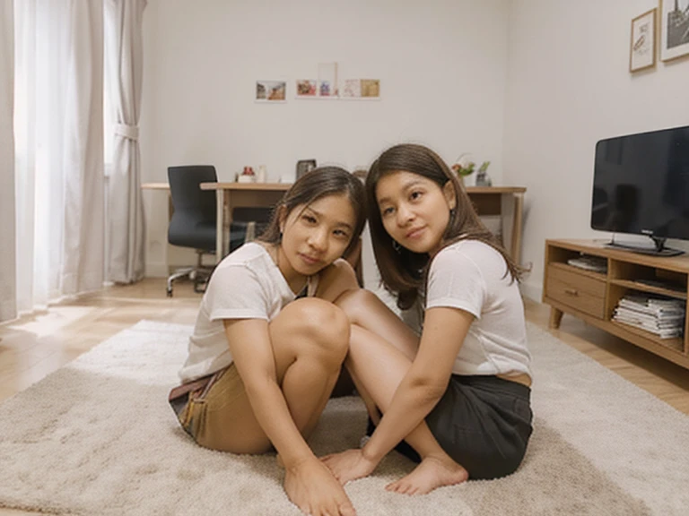 sisters aged 9 and 3, playing in the room at uncle's house.