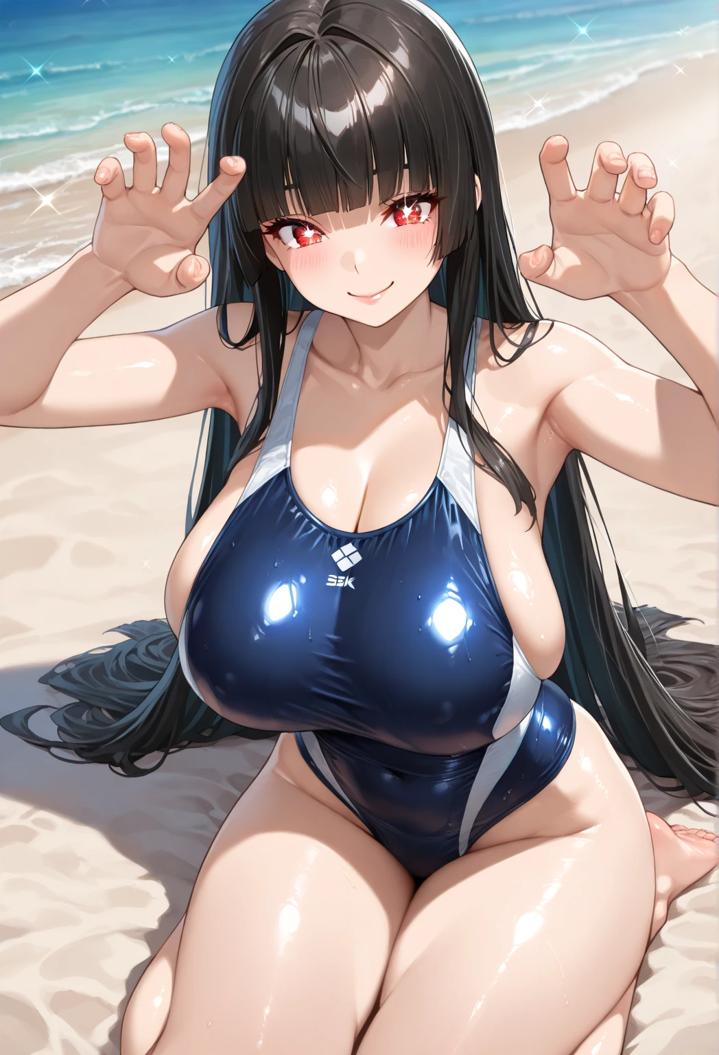 1girl, black hair, dark blue hair, dark hair, long hair, ornament, hair ornament, blue eyes, one-piece swimsuit, competition swimsuit, large breasts, wide hips, thick thighs, wavy mouth, shy, timid, breasts supress, ((breast suppress)), hands on breasts