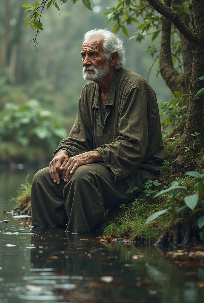 Devastated and feeling hopeless, Kai left the island and wandered into the nearby forest, There, he met a wise old man who was sitting by a stream, headshot of the wise old man sitting by the stream, The old man looked up at Kai and said, "I sense that you're carrying a heavy burden. 4k realistic imagery, blue scenery like a movie scene, old american setting, inspired by blade runner movie scene, blue tone, 9:16 aspect ratio