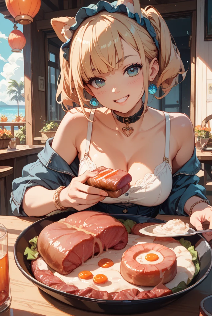 (masterpiece, best quality), best resolution, (2heads:1.5), 1girl, blond hair, different hair lengths, brown eyes, happy, different facial expressions, right head has open mouth, left head has closed mouth, pink t-shirt, close-up, neighborhood barbecue