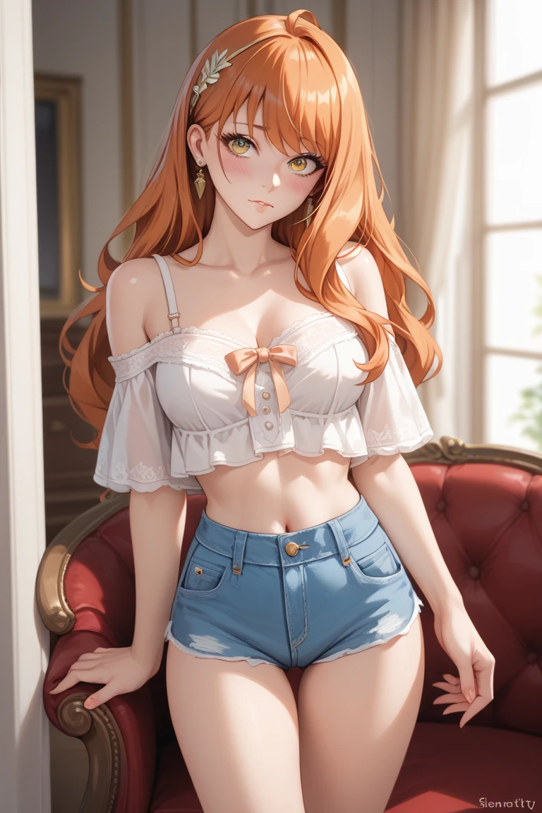 (bestquality,masterpiece) ,NamiOP, jewelry, smile, cleavage, earrings, bracelet, navel, short pants, jeans, :d, groin, holding, closed_eyes, standing, blue_pants, blurry_background, solo_focus, blurry, food, fruit, orange_\(fruit\), holding_food, holding_fruit, mandarin_orange, ((jacket)), eyes open, ((open eyes)), look at viewer, face at viewer, orange hair,
