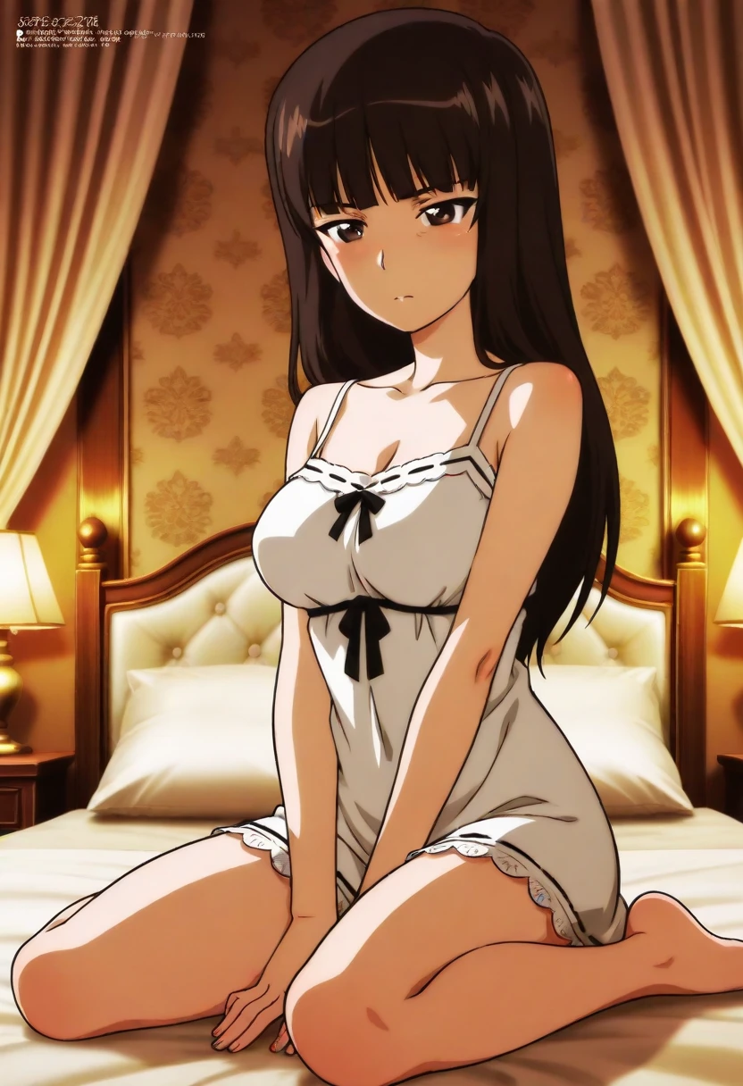 (A superb exquisite haruhi suzumiya), (haruhi suzumiya:1.5), brown eyes, brown hair, natural straight hair, hairband, ribbon, straight bangs, solo, nature, extremely delicate, straight facial features, peerless beautiful girl, soft, (sensual face), ((ecchi face)), dreamy quality, exaggerated facial features, solid color, delicate face, bright lips, slender waist, soft curves, super fine, 4k, natural moving, Ultra high resolution, (masterpiece:1.2, best quality), (finely detailed beautiful eyes: 1.2), (beautiful detailed face), sexy nude model, sexy pose, (large chest), (Perfect Body Proportions), (bedroom), Mekosuji, Spread your legs a little and show off your crotch,