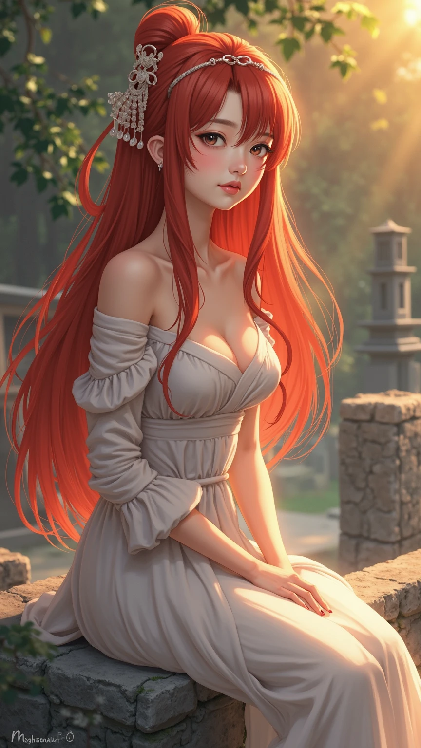 a 25-year-old young woman, with slanted eyes and a thin face, with Orange long hair, fair skin and brown eyes, wearing red lipstick and a white flowery dress, with a tattoo of the medusa from mythology Greek on the arm.