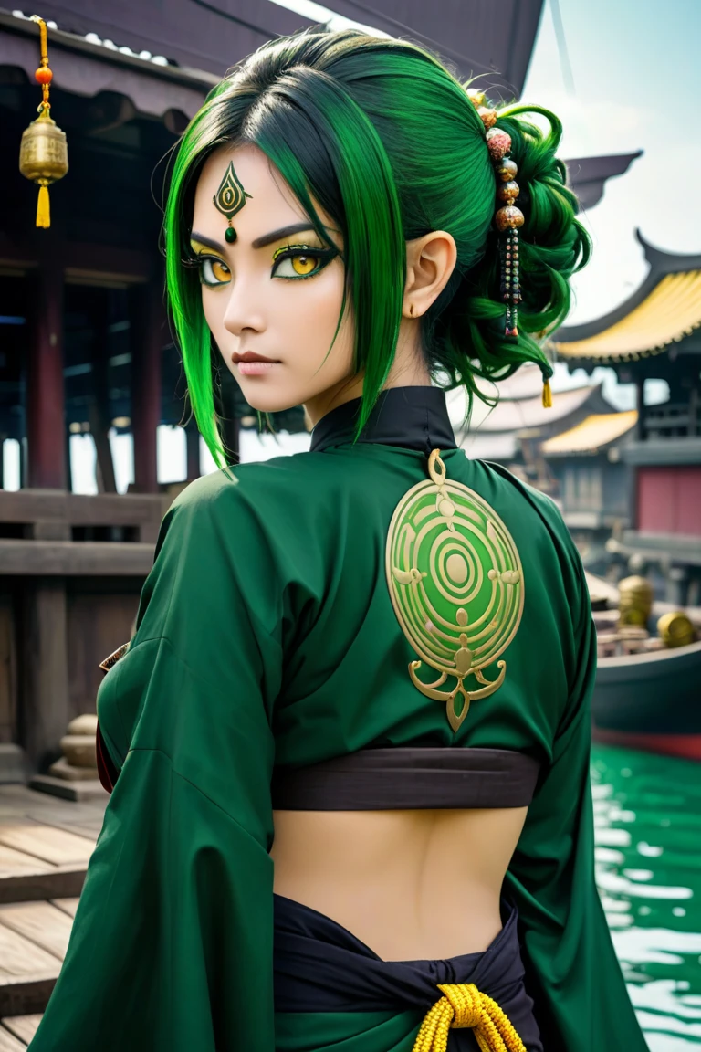 asian woman in the desert, facing the camera, (waist-high:1.2), green robe, blurred background, (green hair:1.2), Without makeup, ponytail, [[[insane details, intricate details, hyperdetailed, realistic photo]]]