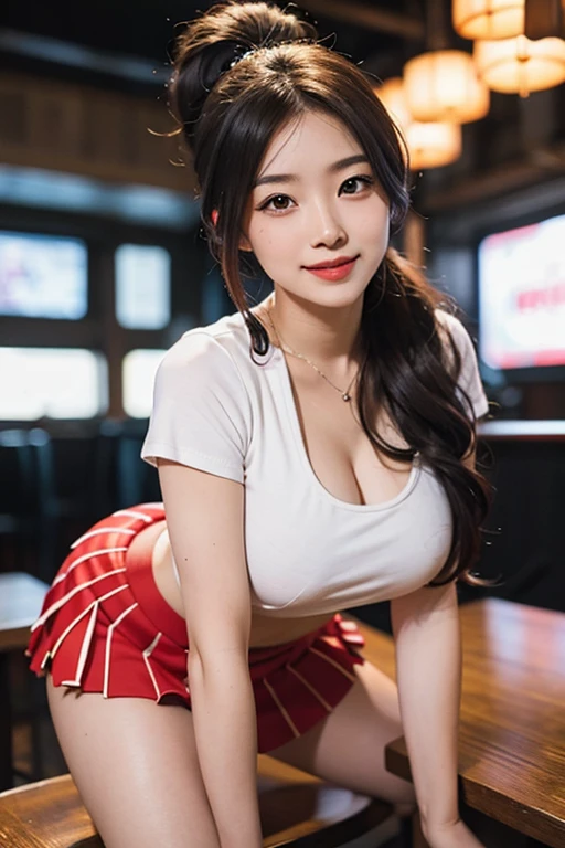 ((masterpiece)), (highest quality), 23 years old,Very detailed, finely, (High resolution), (8k), ((Perfect front viewcomposition)), (Natural color lip),(Side Ponytail:1.3),(((Palm tree,Sit sideways at the bar))), Look at me and smile))),((Close-fitting short print T-shirt,Bikini bottoms only)),((From the whole body to the toes:1.3)),((Perfect front view)),((sitting on a bar stool)),((Natural pose)),,((Blue ribbon in hair)),((Normal size buttocks)),((Ample breasts)),((Full and firm breasts)),(Look at me and smile),