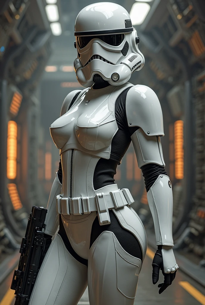 perfect hands, perfect finger,perfect anatomy, masterpiece, best quality,realistic, hyperrealistic, 16k hdr,1 mature female,,female StormTrooper in Star wars,armor,white full face helmet,damaged white armor,(large breasts:1.2),fighting pose,(holding gun)