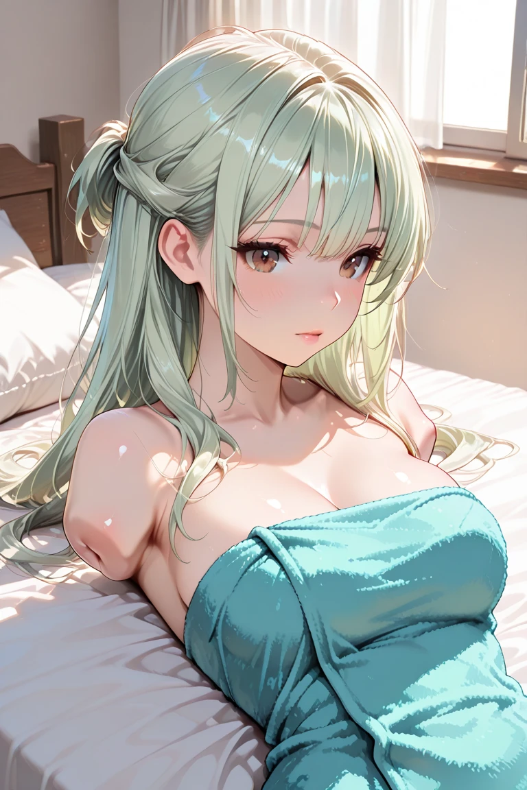1 girl,Best quality, tmasterpiece, Long green hair, beautiful,detailed eyes, HD, extremely detailed, Visually inspect the audience, Mouth sticking out tongue,The face is slightly red,is shy,full bodyesbian,adolable,Lori small breasts cleavage,white dresses,sitting on his knees on the bed