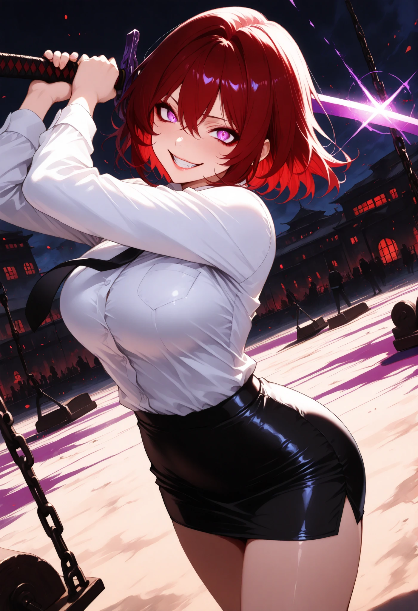 htm,1 woman, cool female warrior:1.2, Battle Motion, swing the sword down, Dutch Angle, Fierce Battle Scenes, Red hair, shorthair, (Crazy Smile), perfect body, business suit, OL, shirt, pencil skirt, black lingerie, A Japanese sword that shines, Magical Sword with a Glowing Purple Blade, Ruined Office District, Dead Battlefield , Hopeless Light, brightly colored, Photogenic, super high resolution, (top quality, very detailed, CG illustration, SOFT FOCUS, masterpiece, Best Aesthetics),