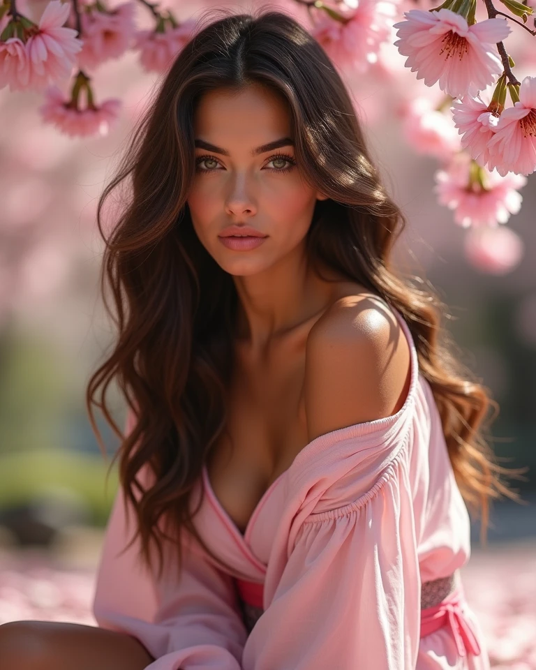 Evening scene, close up photo of a 21 year old very sexy girl from front view, Long wavy Brunette wet hair, posing on ground, medium breasts:1.3, (wearing a very sexy red silk lace blouse, under a cherry blossom tree, exposed cleavage), looking at viewer and seductive smile, hyper realistic, smiling at viewer, perfect red lips (cinematic:1.3), intricate details, (ArtStation:1.2), photography by Max Dauthendey