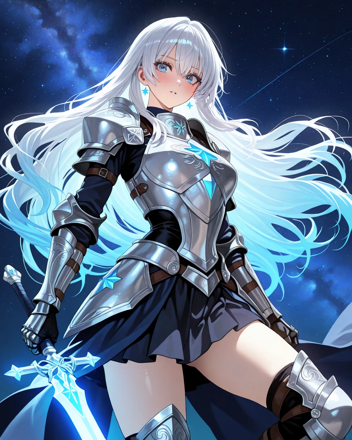 ((knight girl)), ((gorgeous sky and land background)), ((ultra-detailed)), ((best illustration)), ((cinematic lighting)), dynamic angle, floating, finely detailed, (glitter:1.2), (bolt:1.2), (shine:1.2), classic, (painting:1.1), (sketch:1.1), (best quality), (masterpiece:1.2), (anime style), (solo), beautiful detailed face, (cute face:1.3), (big eyes:1.3), colorful hair, (long hair:1.2), (floating hair:1.2), (knight armor outfit), detailed outfit, (knight long sword:1.3), (spark effects:1.3), (flowing skirt:1.2), (boots:1.1), (metal:1.1), (twinkle:1.2), (glow:1.2), (radiance:1.2), (flicker:1.2), (dazzle:1.2) --auto