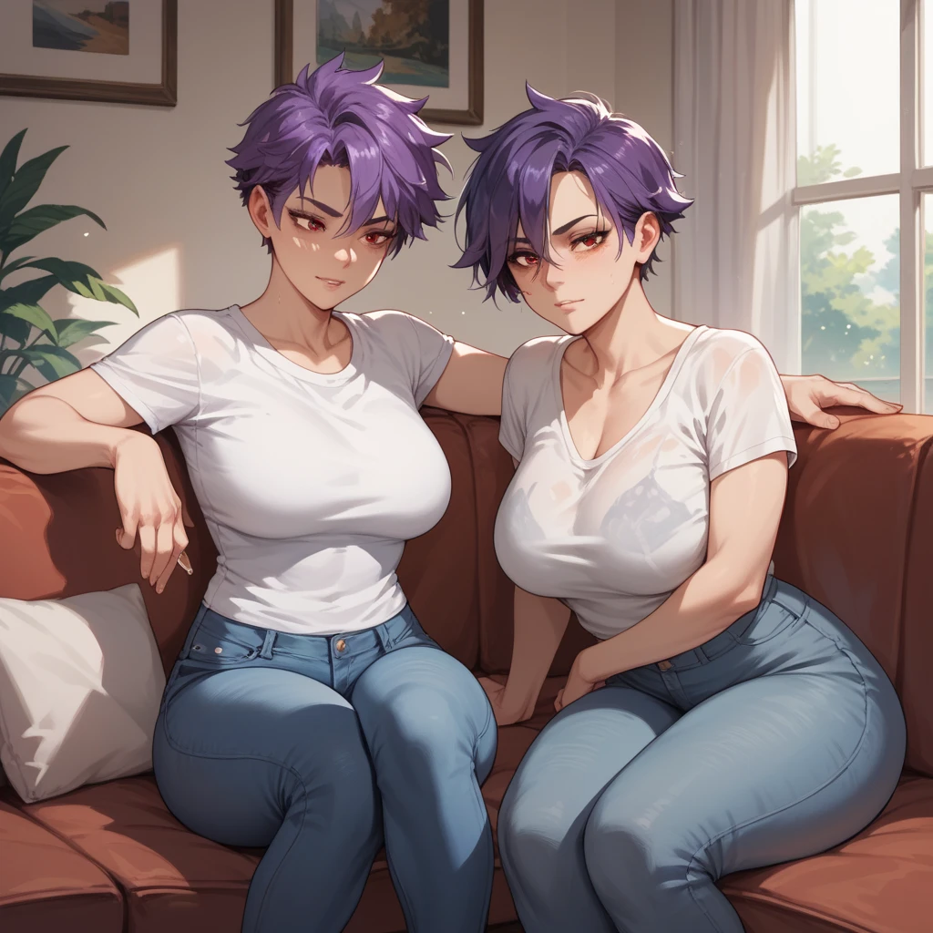 25 year old very attractive woman, elf, purple hair (short spiky male haircut:1.3), freckles, thick eyebrows, large breasts, small waist, (sleeveless blouse:1.2), embarrassed, blushing, shy, cute makeup, earrings, beautiful eyes, sitting on desk, in classroom (masterpiece, high resolution, ultra detailed eyes, ultra realistic, beautiful lighting, 4K, 8k, highly detailed)