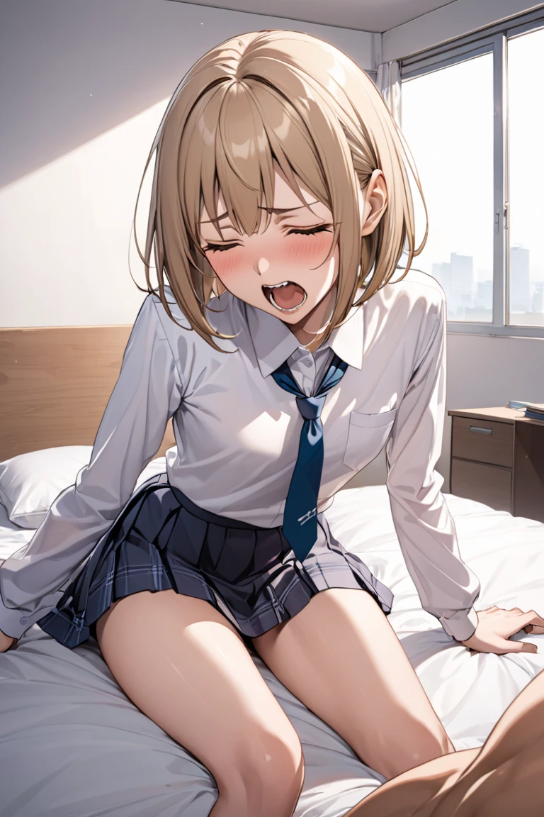 Missionaries, Sex, Vaginal, One girl, One middle-aged man, penis, Lie in, White T-shirt, Bottomless, Medium Hair,( Two-tone hair ), No correction, Voice of the Heart, Mouth closed, blush, Cuckold Super big、 gang rape