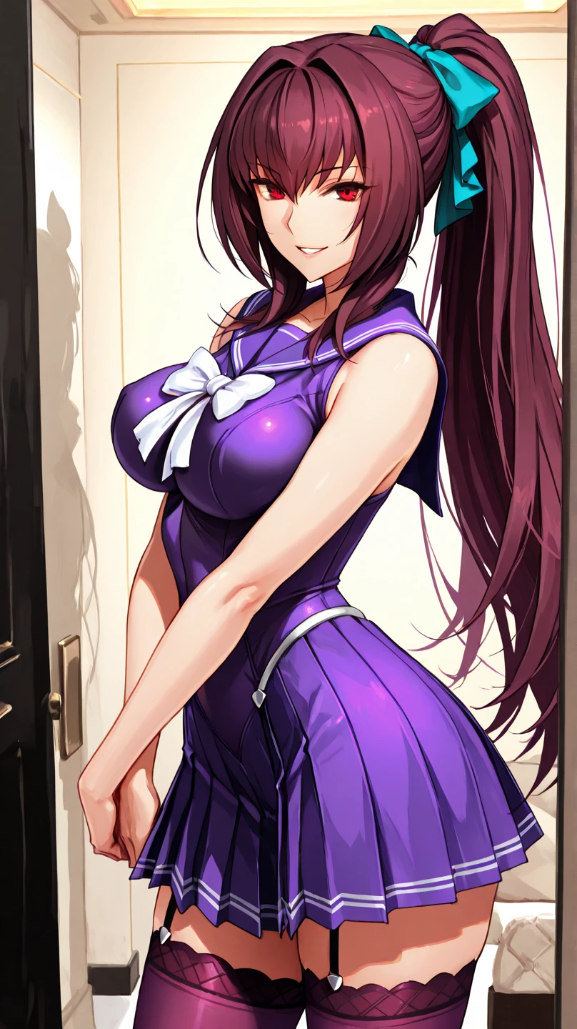 (Best quality:1.3), komi_shouko, purple hair, purple eyes, large breasts, cleavage, pink nurse outfit, smiling, (full body, dramatic angle)
