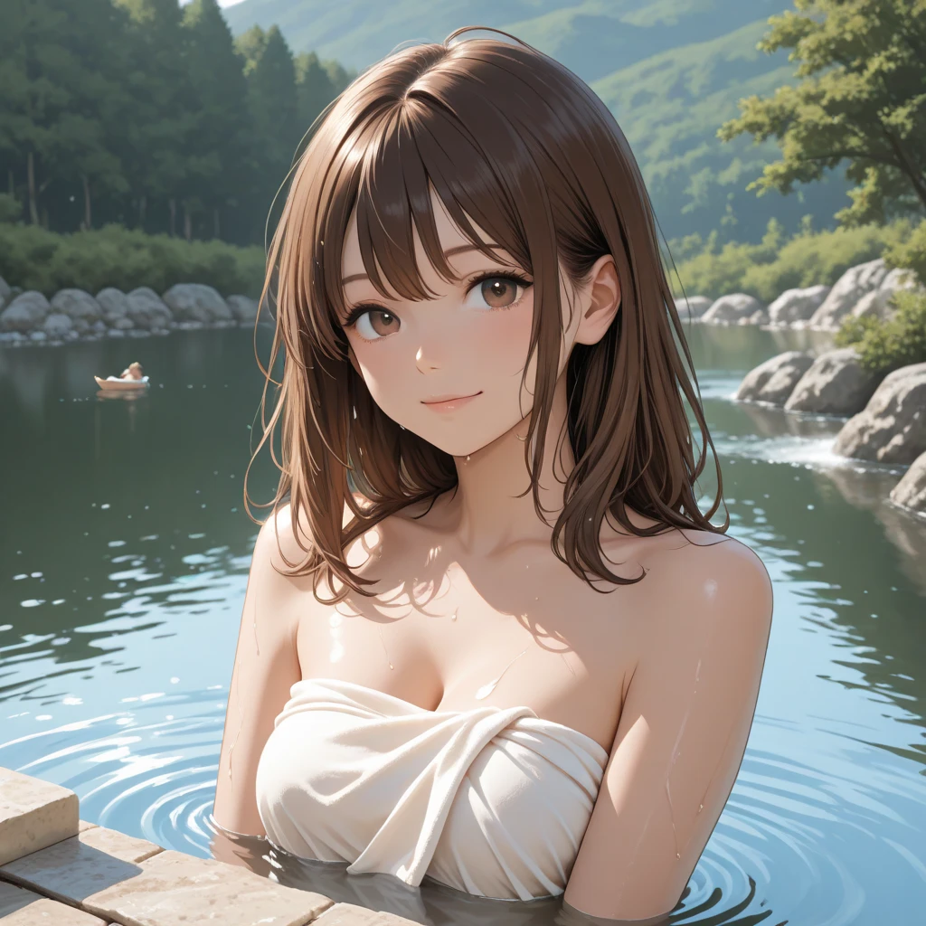 (A Certain Science Railgun、Misaka Mikoto)、Brown skin、(Naked and shoulder-deep in hot springs)、(Medium hair in pink color)、Young、Cute、a beautifulchi girl、Perfect style、gargantuan boobs、Emphasizes cleavage、deadpan、realisitic、Realistic、8k、richly detailed、beste-Qualit、Top image quality、Super-High Resolution、шедевр、only girl、(The background is a hot spring)、