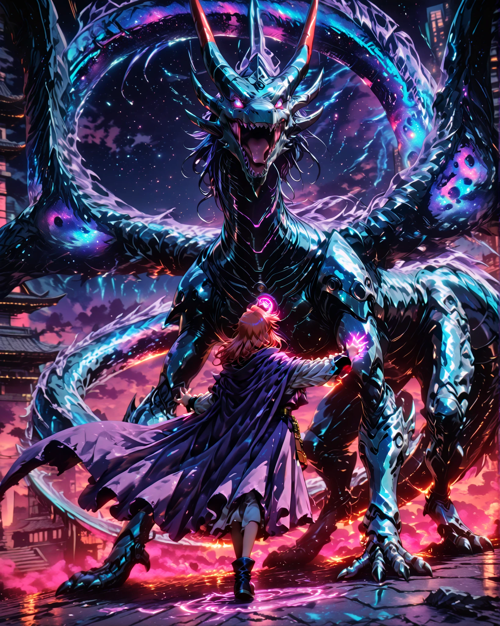 Masterpiece, ultra detailed, 4K resolution, cinematic lighting, dynamic angle, perfect anatomy, natural proportions, expressive faces, realistic shading, smooth ambient occlusion, Lina Inverse from the 1990 anime Slayer, wearing a cyberpunk-style wizard outfit in purple details with the inside of the cape glowing in purple with galaxies and constellations, standing, full body, casting a spell, doing her classic pose with her hands, a huge metal dragon in the background of the image, cool colors, bright colors, perfect lighting, ray tracing, dark sky, few stars, smaller buildings in the background