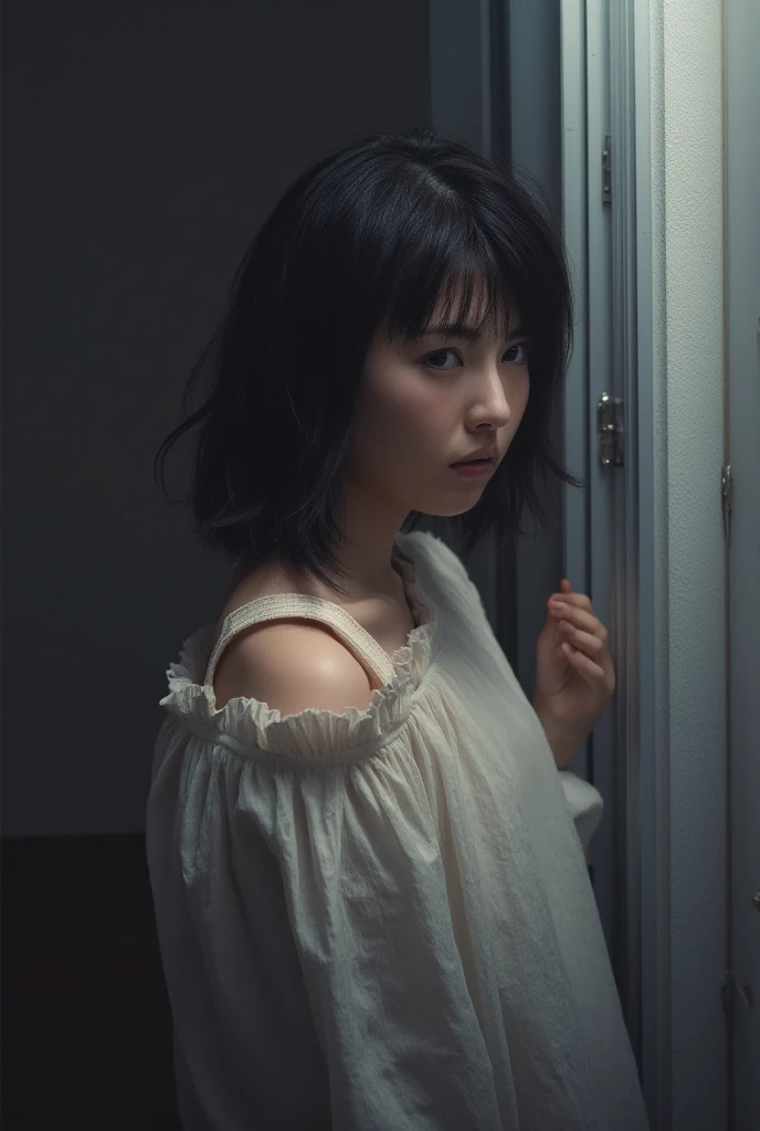masterpiece,Highest quality,Troubled face, creepy , about 8 years old, backlit, too dark to see details, horor, disturbing intensity, wearing white dress but backlit to black, bob cut.