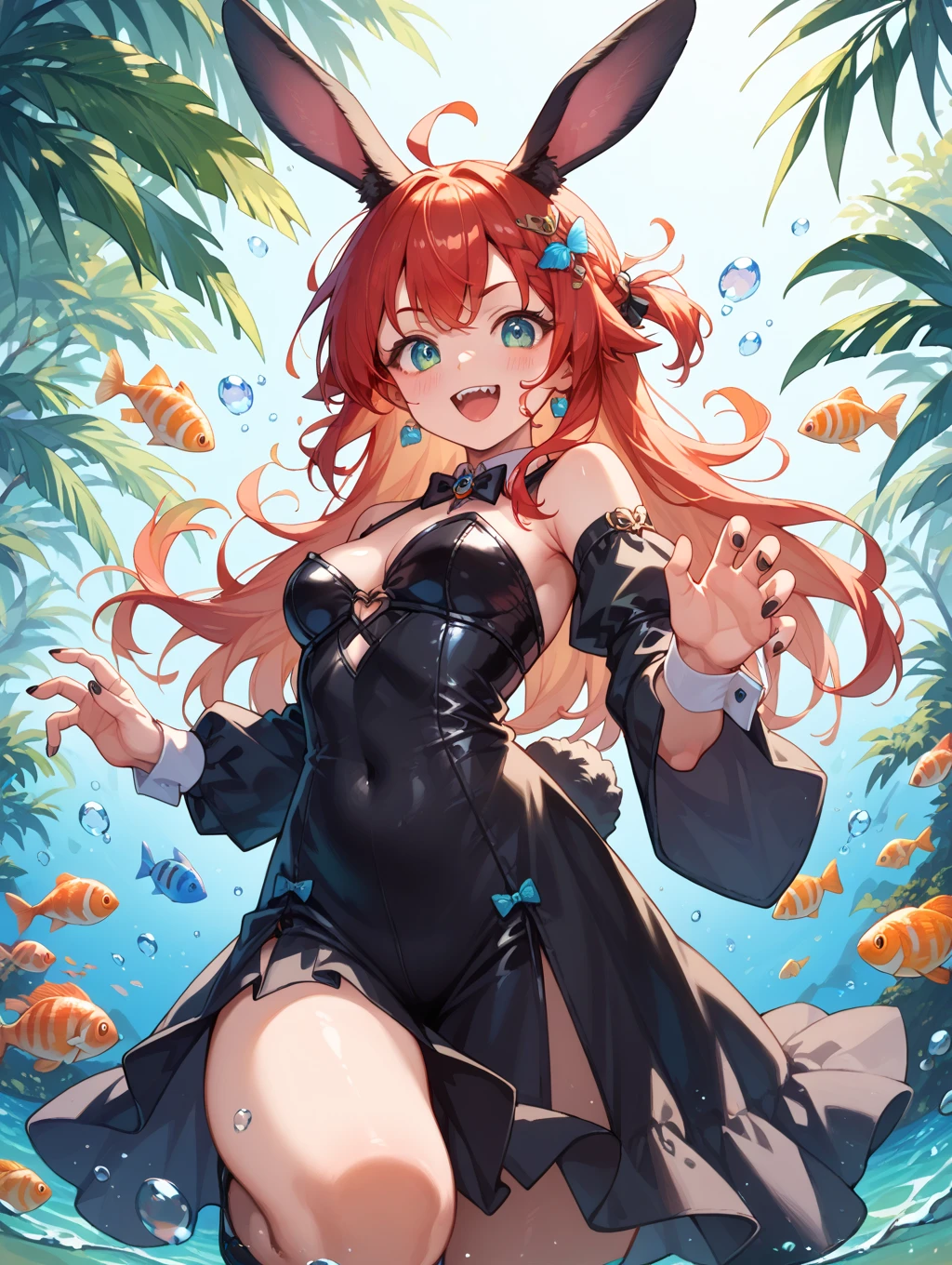 1girl ,neon orange hair,mermaid, full of gills, (mermaid tail), mermaid scales, mermaid ears, mermaid accessories , (masterpiece, best quality), full body,  alone, huge breasts, happy