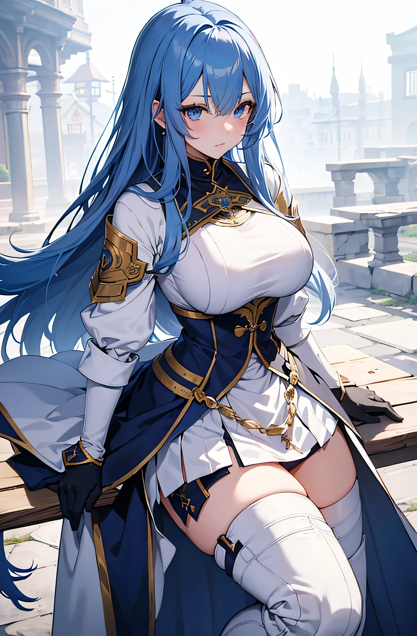 4k,High resolution,One Woman,Blue Hair,long hair,Big Breasts,knight,White knight outfit,White boots,White gloves,White hair band,Jewelry decoration,Long sword,Medieval castle town