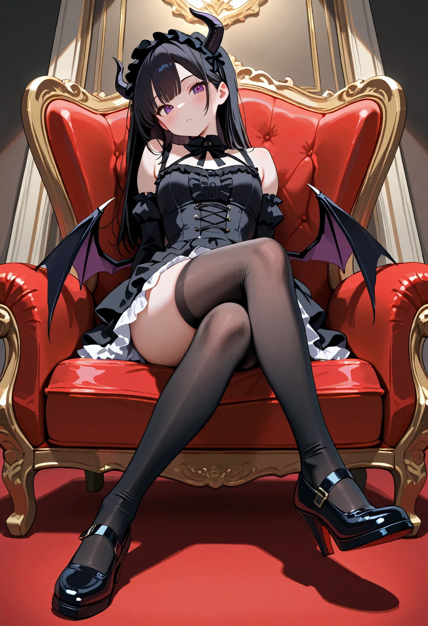 seductive gothic lady with ample bosom and wearing stirrup legwear, devil horns, black color scheme, black hair, blue eyes, smirk, FEET, sitting, soles, SOLES