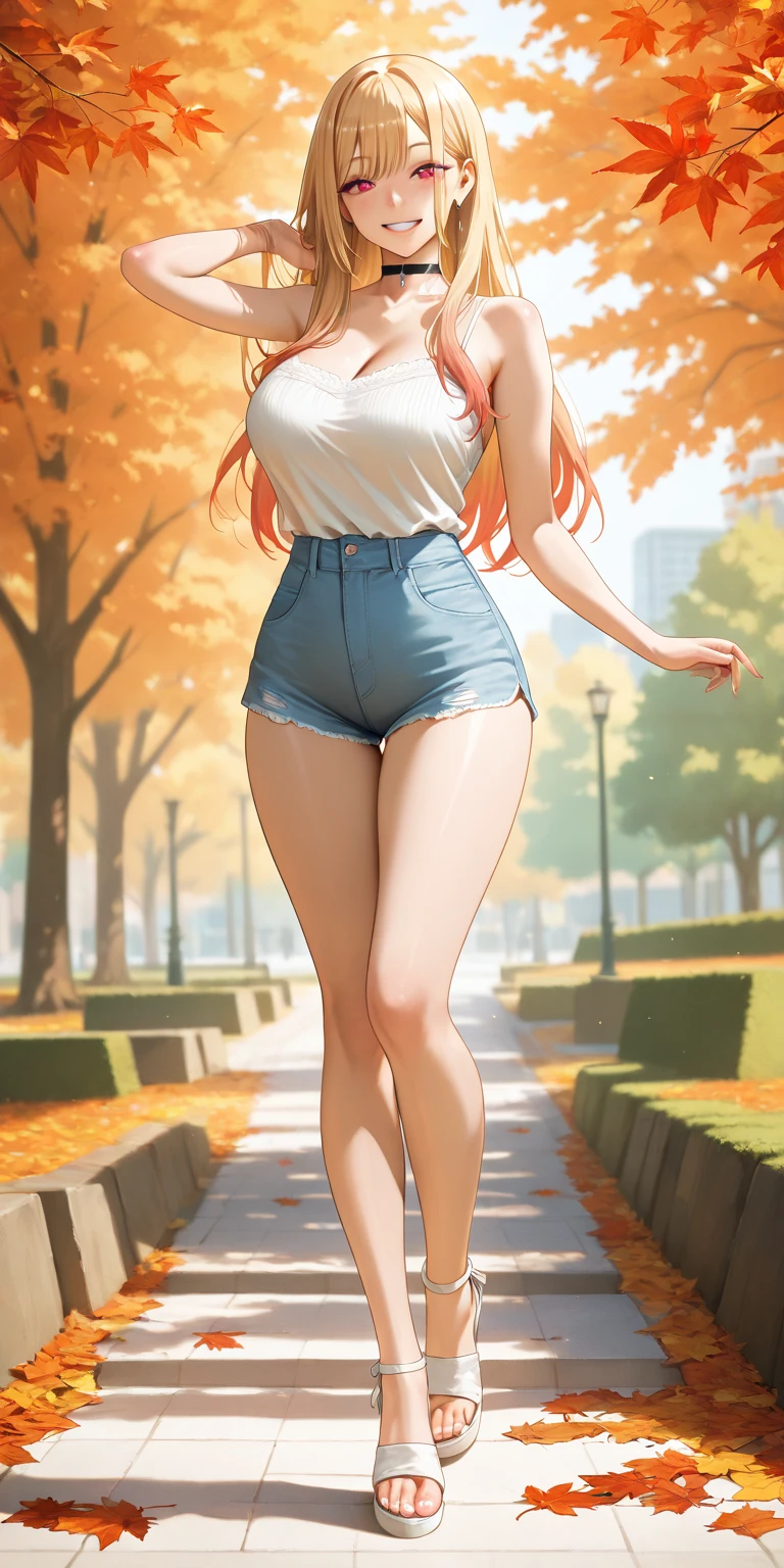 1girl, anime girl, anime, girl, 2d girl, 18y, (fullbody), standing, green eyes, smiling, blush, (long hair, single ponytail, red hair), ((blouse)), Solo, big , big breasts, sfw, Tight Shorts, low waist shorts, upshorts, from below, the city background, flowers, afternoon sky, looking at viewer, darker shadows, (((sexy))), (((shorts))), (((absurdres))), (((thigh gap))), cameltoe, (((cameltoe))), (((cleft of venus))), (((lowleg shorts))),
