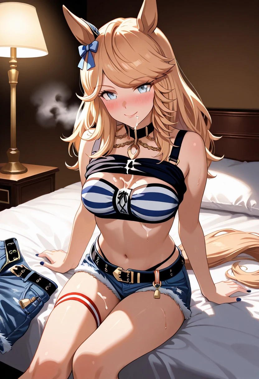 Shiny blond hair, very long hair, sophisticated haircut, ((((hair fully braided)))), ((small twisted braids)), thin and oval face, submissive, (((gagged))), ((((open denim jacket showing her breasts)))), cute and blushing 18 years old anime girl, look away because she is embarrassed and blushes, bright blue eyes, detailed face, detailed members, detailed arms, detailed hands, ((((sparkling diamond jewelry)))), tiara, ((makeup)), high heels, puffy sleeves, long gloves, long eyelashes, Girl lying, tied by ropes, shackled, can no longer move, tied tightly, very hard tied up with lots of ropes, hampered by so many ropes that she can no longer move, bound hands and feet, ropes tie his whole body, tied extremely tightly and forcefully to her bed by a lot of ropes, its limbs are strongly tied together by ropes, his torso is tied up with thick cords, her chest is so tied up with ropes that it sticks out, her legs are tied tightly with thick ropes, his hands are tied behind his back with ropes, she can no longer move her feet, her hands which are tied by thick ropes, she desperately tries to free herself, likes to be tied tight with big ropes, likes to be immobilized by big ropes, lying down, his hands and feet are strongly tied to the railing of his bed, his legs are pressed together and tied with ropes, its limbs are held vigorously by imposing ropes, her hands are tied securely behind her back by ropes, her chest is compressed by strong ropes, she is pressed against her bed and restrained by large ropes (shibari, arms behind the back:1.4), (hands on the back), (masterpiece, best quality) 1.5, 1girl, solo, (sexy, beautiful woman, perfect face, perfect eyes, perfect hands), samus aran, (shibari, arms behind the back:1.4), (hands on the back), Spread the legs, s' ((lie in bed by big ropes)), ((close up of the girl)), ((((lie in bed))))