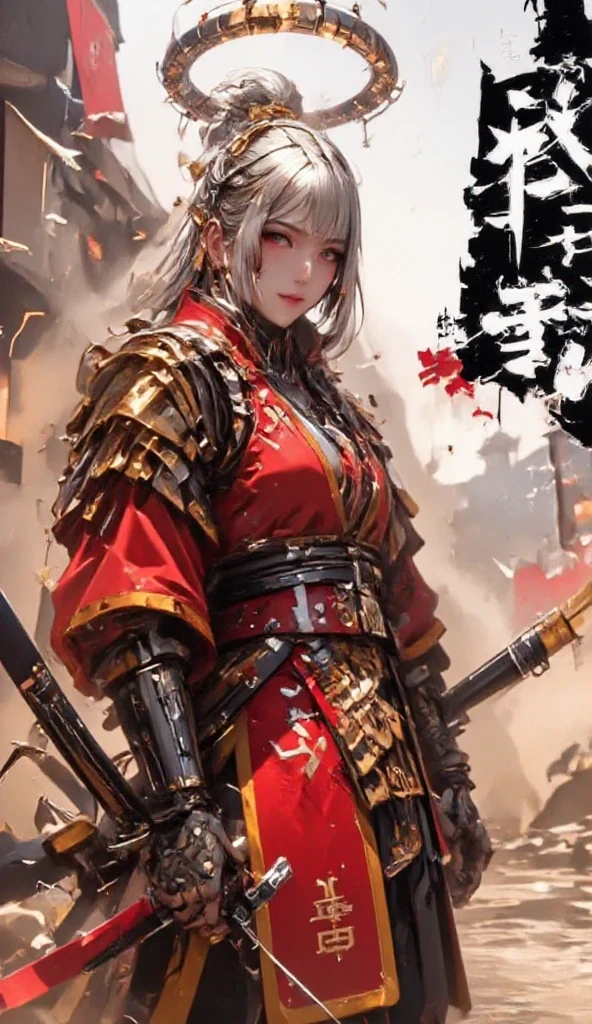 black woman, samurai clothing, Samurai armor, dreadlocks, Ron's, White hair, Red eyes