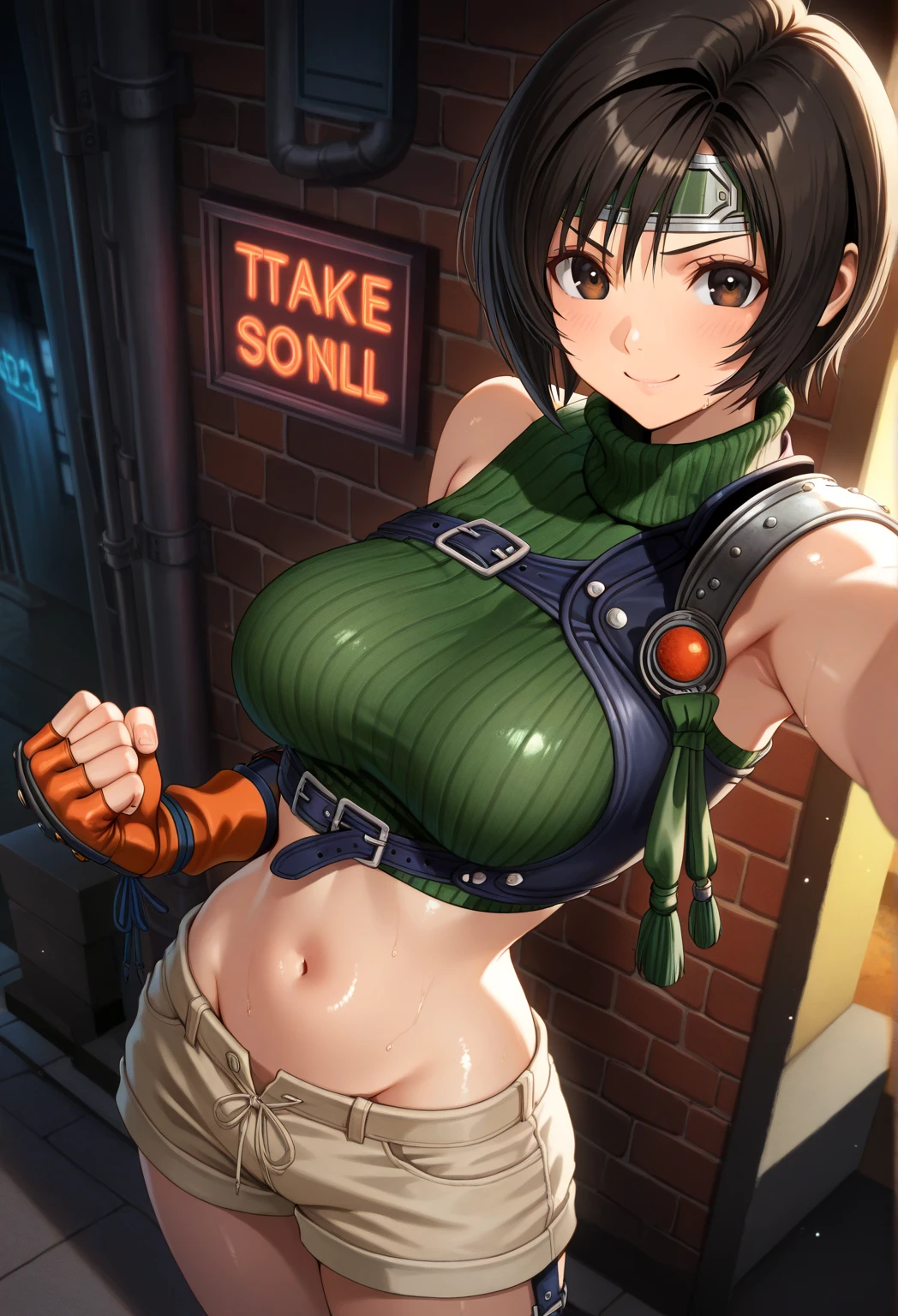 fuuma_tokiko,medium breasts,black hair,long hair,ponytail,green eyes,erected nipples,(sexy grid girl, crop top, ultra miniskirt, bare shoulders) ,(sweat gleaming skin:1.1),Racetrack background, outdoors,sunlight, spotlight effect,bright sky, blue sky with clouds,strong wind,(highres, high quality:1.1), intricate details, cinematic lighting, 1girl,(red blush,embarrassed from),(Necklace, bracelet),(Remote Play:1.2), (remote_vibrating:1.2), ((Hand holding a button at the bottom left of the screen:1.3))、