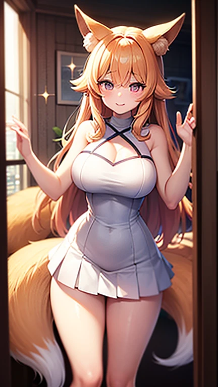 masterpiece, best quality, highres, hmmisaki, long hair, symbol-shaped pupils, +_+, large breasts, white gloves, elbow gloves, white thighhighs, smile,　Earrings, necklace, clavicle, Off the shoulder, Sweater dress, Long sleeve, Black knee socks, Cowboy Shot, smile, wave hands, Open your mouth, 　service　（Hotel、On the bed） Big Breasts++++　　　Thick thighs　　Bright light　　　　Excited++++　　Embarrassed+++　　Blushing+++　　　Embarrassed　Embarrassed　　panic+++