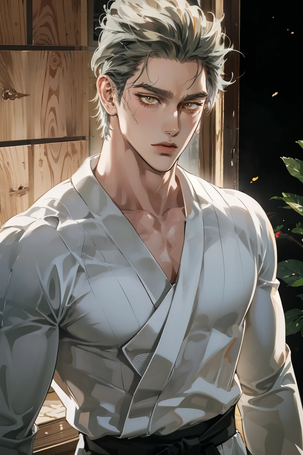 realistic,Photorealistic,HDR,ultra high definition,studio lighting,ultra detailed description,professional ,bright color,flour,One Punch Man,yellow eyes,gray hair,18 years old,girl,177cm,showing off her body,white dojo pants,Dojo strap,full body high definition,masterpiece,Extremely Detailed,Bokeh,golden eyes
Full body, A black, chewy polar with one eye raised
