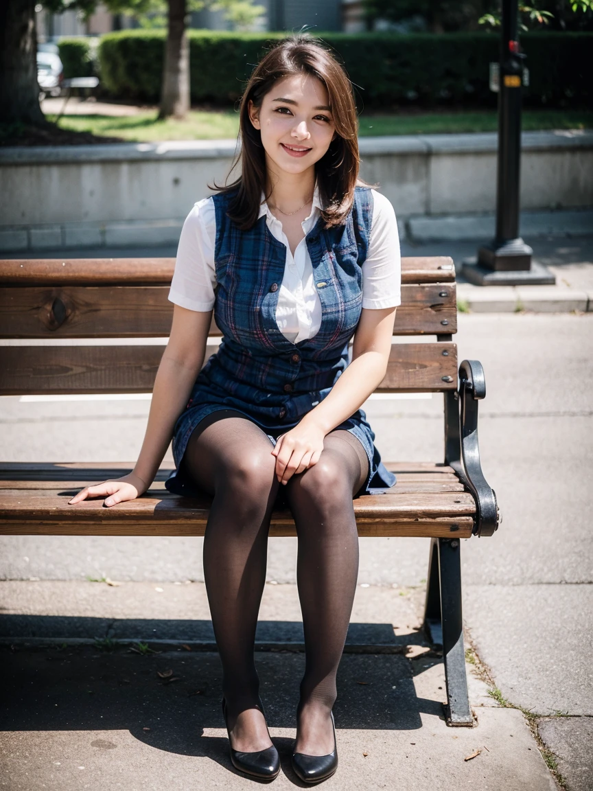 (((masterpiece))), (((highest quality: 1.4))), ((Super Detail: 1.4)) ,ulzzang-6500-v1.1, (RAW Photos:1.2), (Photorealistic),(Genuine: 1.4), (Mastepiece), highest quality, shape, Very detailed, finely, High resolution, 8k wallpaper, 完璧なダイナミックな構shape, Beautiful and detailed, (Plaid vest), , A tough challenge, (Ultra-realistic pantyhose:1.2), Skirt and medium hair,, Natural color lip, Bold sexy pose, Squatting in the park、(A very loving smile:1.2)、23-year-old woman、cute、sexy shot looking at camera, Realistic skin texture、Shiny skin、Exposed thighs!!! (Full Body Shot:1.4), Natural Skin Shader, Volumetric, Warm shades beneath her skin, peeing self