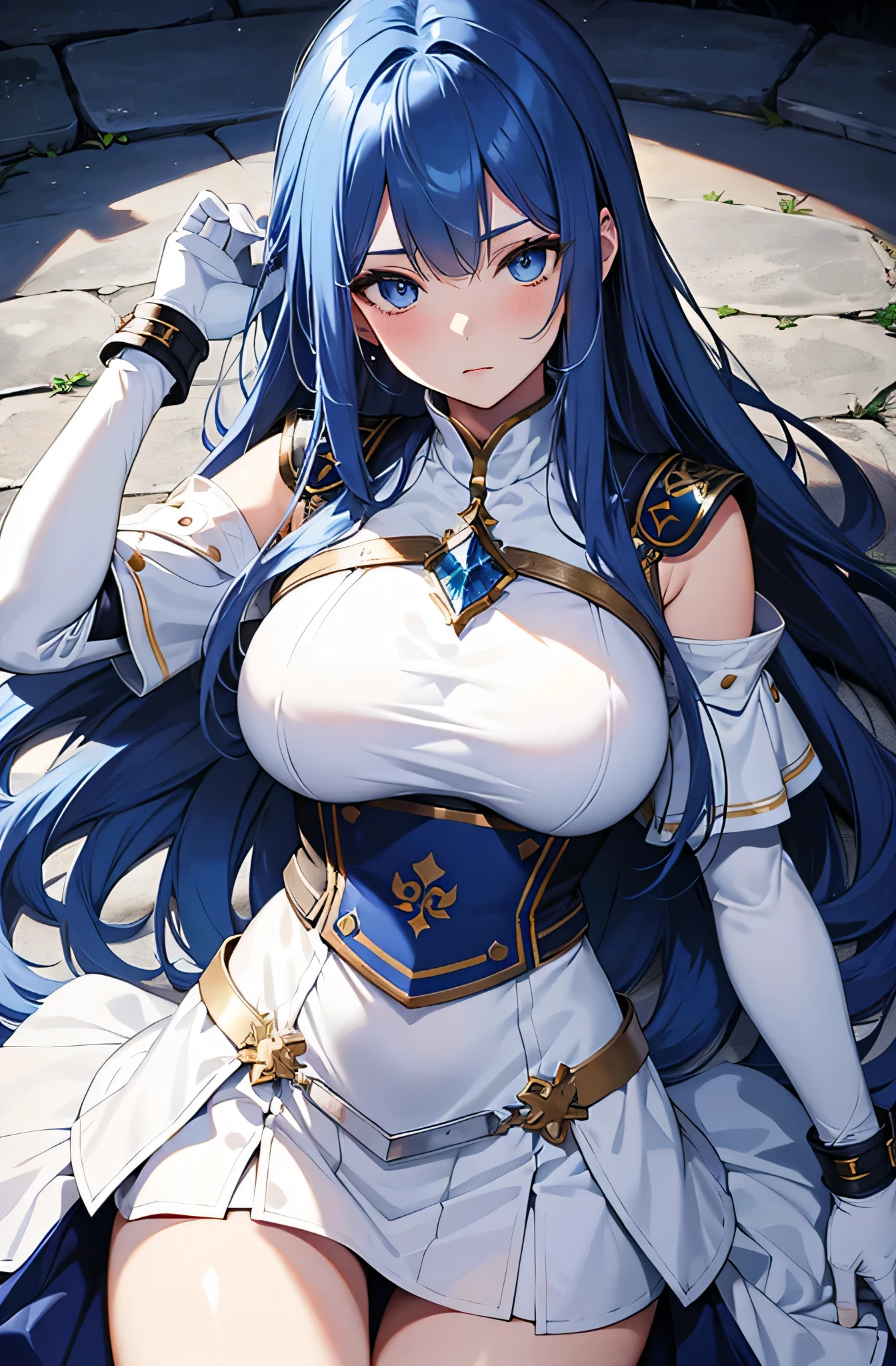 masterpiece, best quality, 1girl, breasts, long hair, gloves, solo, white gloves, very long hair, large breasts, dress, blue hair, elbow gloves, bodystocking, coat, blue eyes, pantyhose, white dress, looking at viewer, hair intakes, open coat --auto