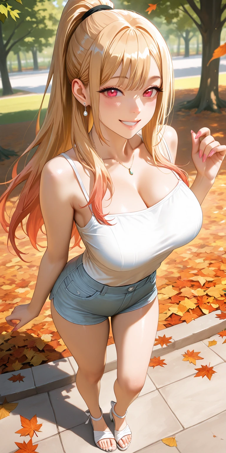 woman、autumn leaves、smile、Blonde、Long Straight、cardigan、G Cup、front、tits