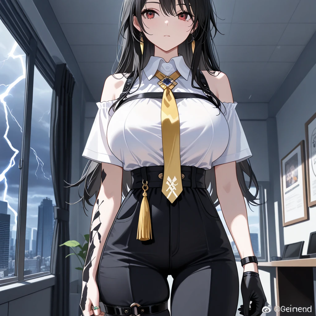beautiful, alone, 1 chubby woman with 5 pair of  black archangel wings, long hair tied in a ponytail, black hair, blue highlights at the ends of her hair, silver eyes (detailed eyes), determined look, embarrassed expression, red lips (perfect lips), wide hips, potato thick leg, black leather jumpsuit, pleated skirt,long fur jacket, futuristic, cyberpunk, cinematic angle, cinematic lighting, artwork, best quality, nsfw, ?????? rubbing