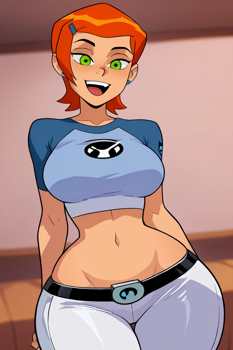 Eep Crood,solo,red hair,green eyes,short hair,muscular, looking at viewer,  (( full nude tonned body)) perfect nude tits, perfect nude hairy vagina