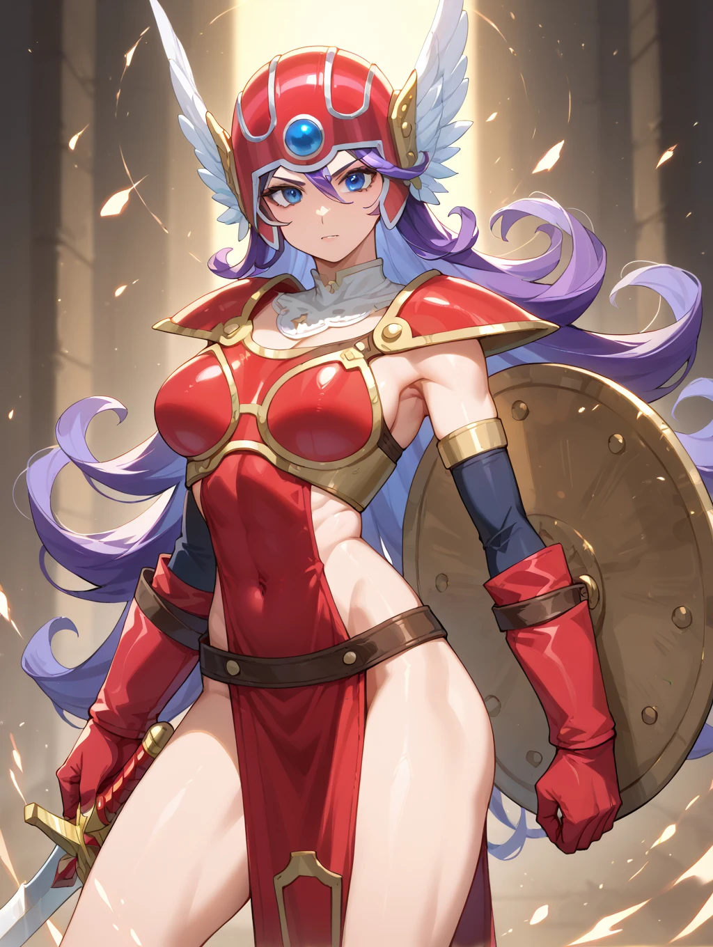 ((Masterpiece, best quality,edgQuality)),
edgDQ, long hair, breasts, smile, blue eyes, large breasts, gloves, navel, cleavage, purple hair, choker, elbow gloves, sword, bikini armor, winged helmet, red armor ,wearing edgDQ_armor 1 mature female,Age 25,(A wounded female warrior is surrounded and attacked by multiple goblins during a battle.),Goblin in heat,monster,(anger,Are crying),((Gorgeous warrior armor,Arm guard,Leg guards)),(On all fours,Lift your hips up),Dynamic pose,Dynamic Angle