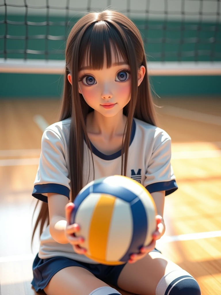 ((9year old girl:1.5)), complete anatomy, children's body, child, super cute, girl, little girl, random poses,An angle that captures the whole body,(wearing volley_uniform:1.3), good hand,4k, high-res, masterpiece, best quality, ((Hasselblad photography)), finely detailed skin, sharp focus, (cinematic lighting), collarbone, soft lighting, dynamic angle, (((inside volleyball field))),,volley_uniform, , inside beach volley field, inside volley ball field, holding_ball, beautiful girl, 1 girl, loli, petite girl, top quality, masterpiece, high eyes,drooping eyes,(realism: 1.2)), petite, bangs, tall eyes, natural light,(aquamarine eyes),bangs, beautiful girl with fine details, Beautiful and delicate eyes, Beautiful girl, detailed face, Beautiful eyes, beautiful shining body, 8K images,