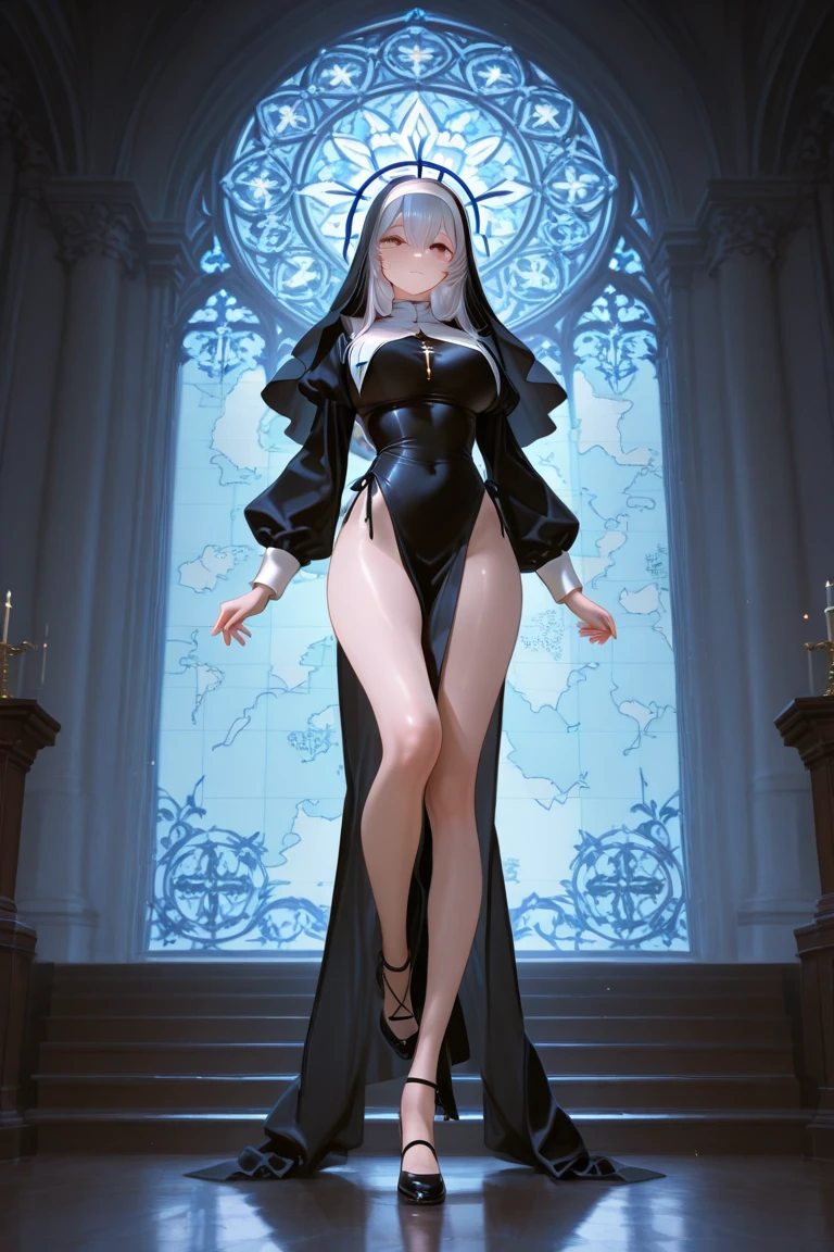 Female robot with white hair, black stockings, full body, single ponytail, high-heeled sandals, mechanical body, travels to the world of cultivating immortals and becomes the style of the Kingdom of Gods