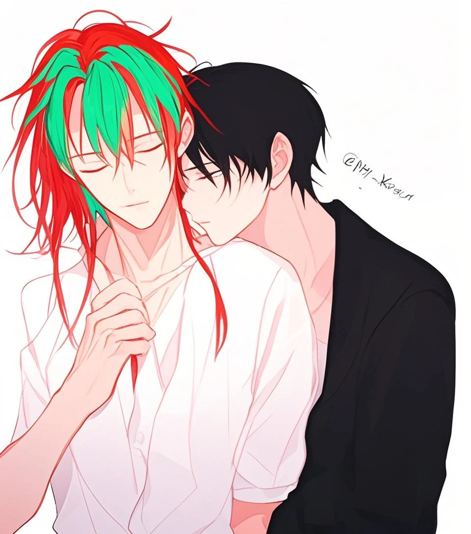 A boy, Red eyes , green hair, clear skin, one side of the face burned by hot water