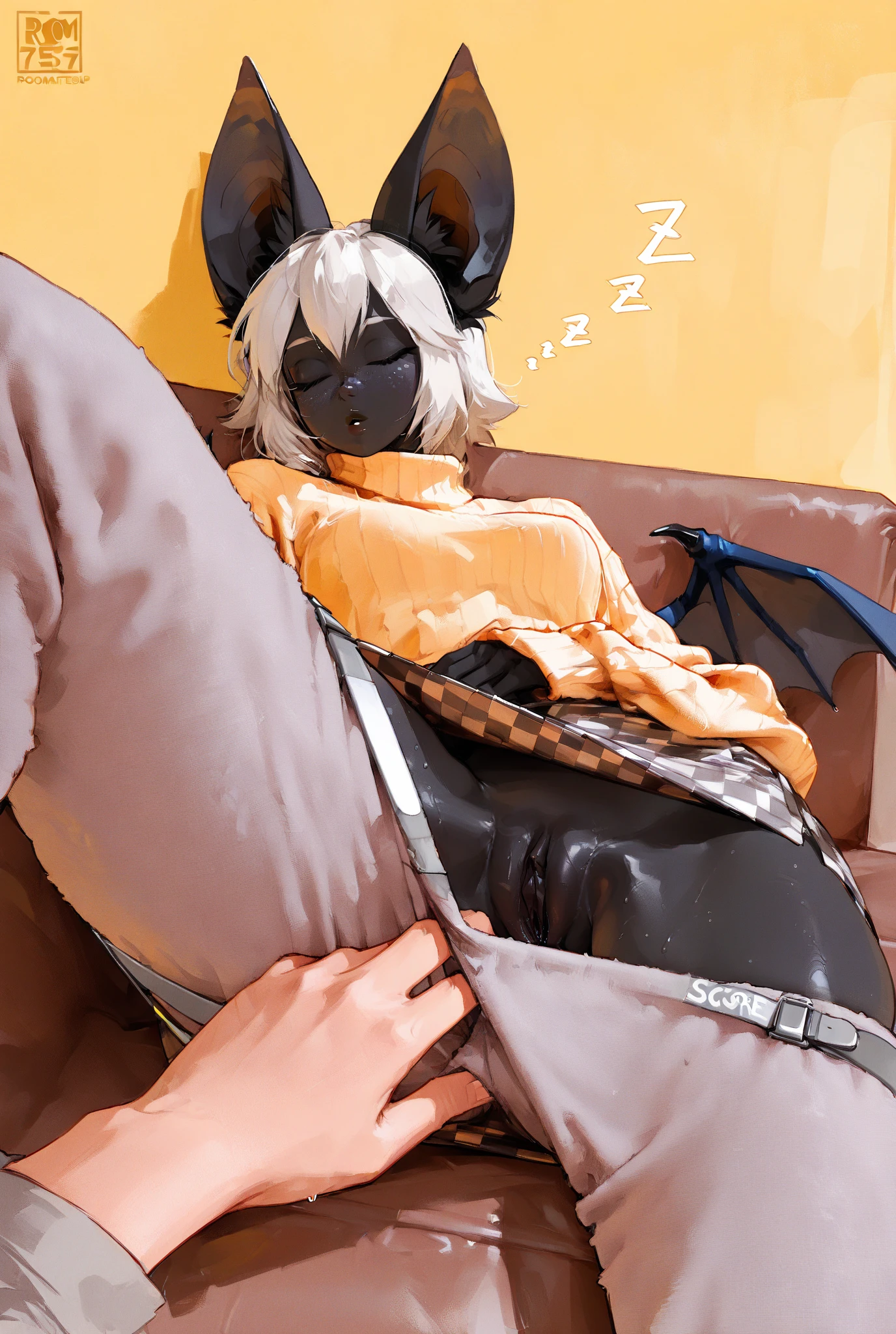 (((1 bat girl))), (((murcielago))), (((naked))), (((visible pussy))), ((sitting having breakfast in the kitchen)), ((transparent seat)), ((seen from below)), (((NSFW)))