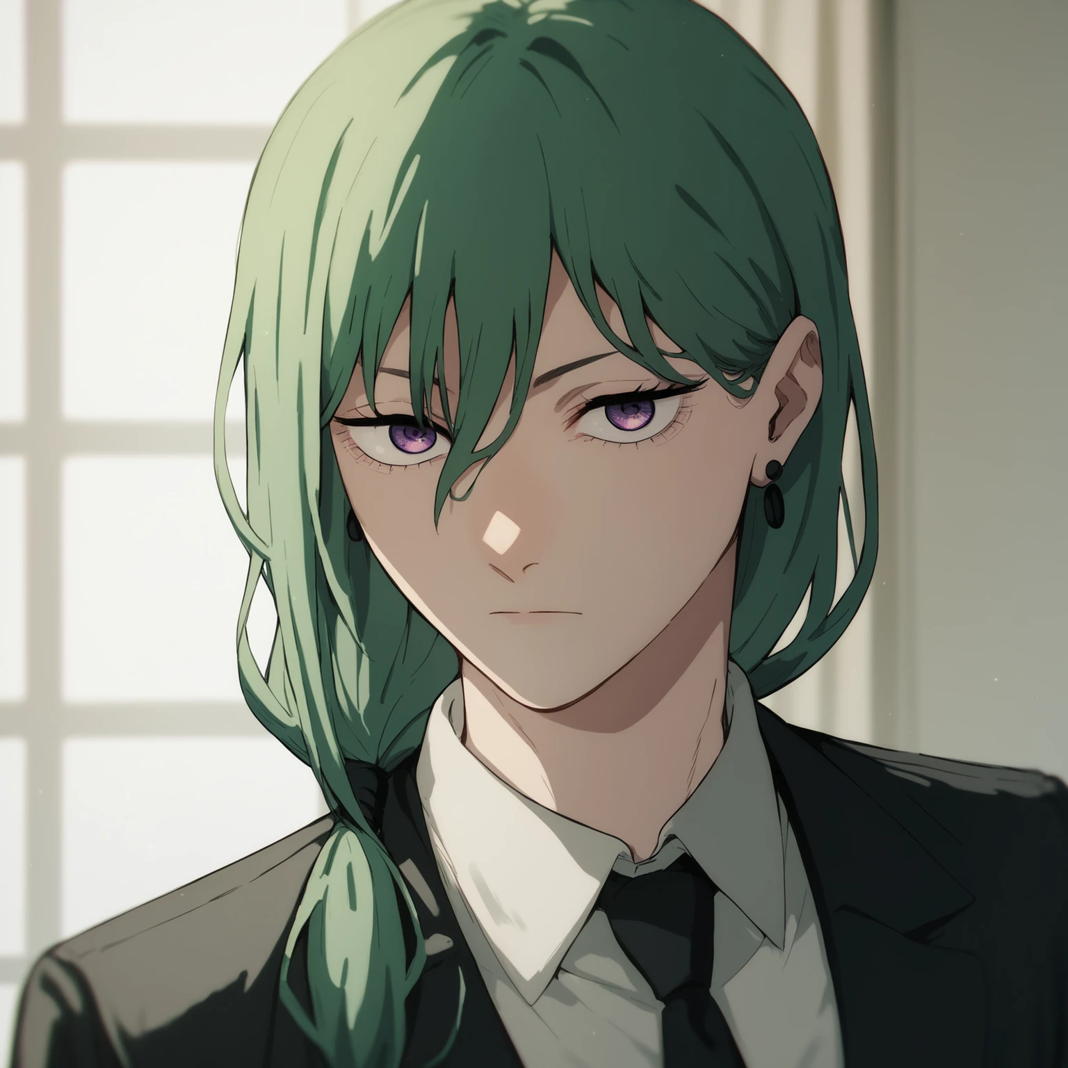 A chainsaw man girl, hairbang, low tied green hair, suit, earrings, purple eyes, pretty