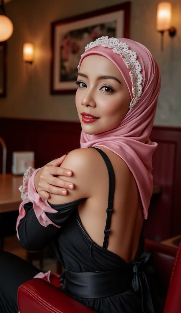 Malay girl with red hijab standing in hipster cafe, happy, smiling, nighttime, wearing white Floral Ruched Strapless short dress, white high sneakers, professional lighting, blur background, cool ambient, bokeh, small breast, small waist, small head, skin spots, acnes, skin blemishes, short petite body, wide hips, thick thighs, long leg, thick leg, sexy pose, bright lighting, mole below eyes, skin spots, acnes, skin blemishes, age spot, detail skin texture, skin detail, skin wrinkle detail, dark brown skin, gold necklace, 4k, high quality, ultra detail,