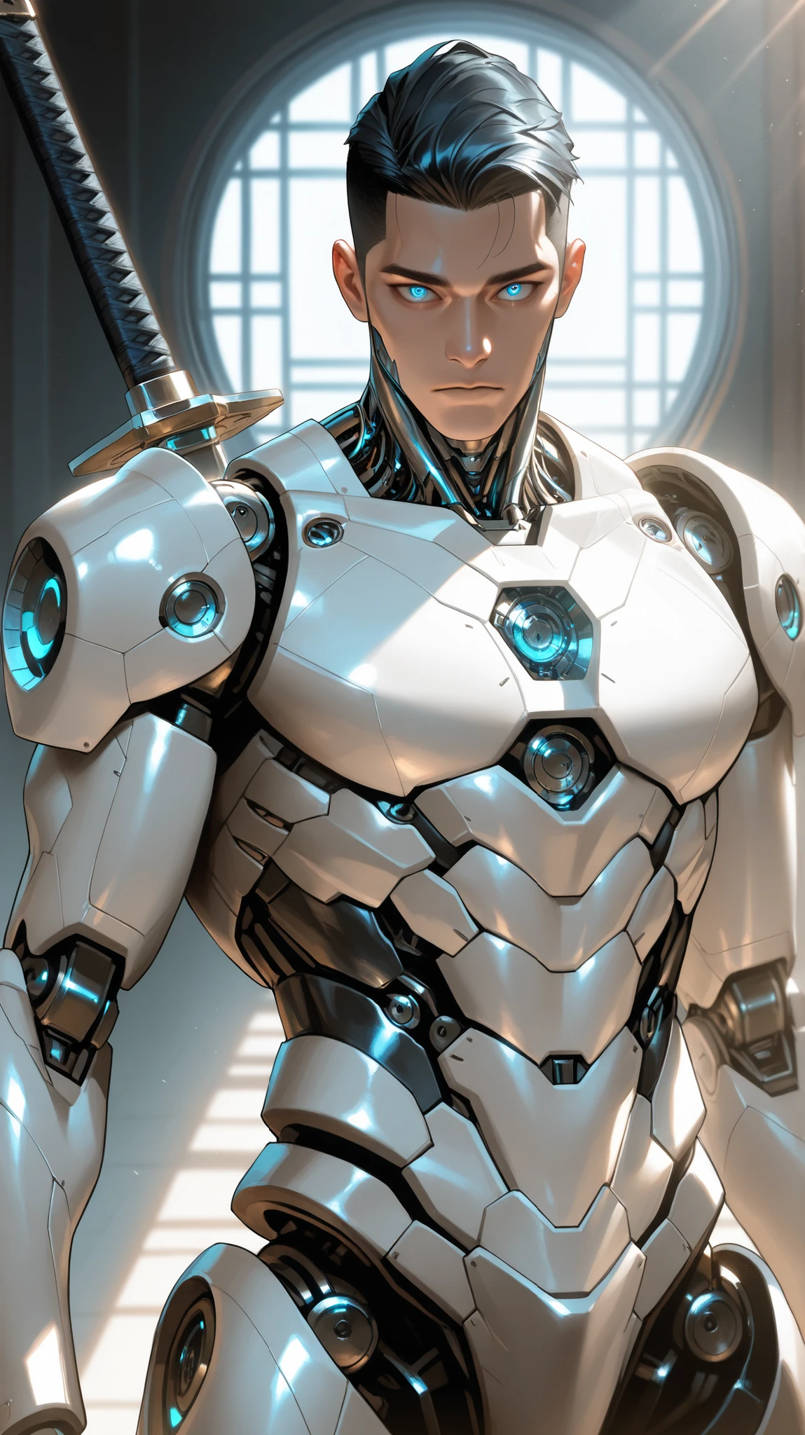 very aesthetic, 걸작, 고해상도, 8k 해상도, high contrast, (semi-realistic), newest, koreanai, best_quality, finely_detailed_eyes_and_detailed_face, (1 humanoid_male, masculine), crew_cut,  slicked_back, realistic_face, synthetic_skin, muscular, strongman, tall_height, (neon blue eyes), expressive eyes, (metallic skin), black_hair, expressionless, robot_joints, segmented body,   exposed_cybernetic_parts, mechanical_torso, mechanical_waist, visible_wires, android_body, robotic_limbs, futuristic_circuitry, half_open_shell, robot_core_visible, completely_naked, (white_armor_parts), looking_at_viewer, dynamic_pose, standing, holding_sword, front_view, upper_body_shot, eye level, cinematic lighting, korean traditional village, sunlight 