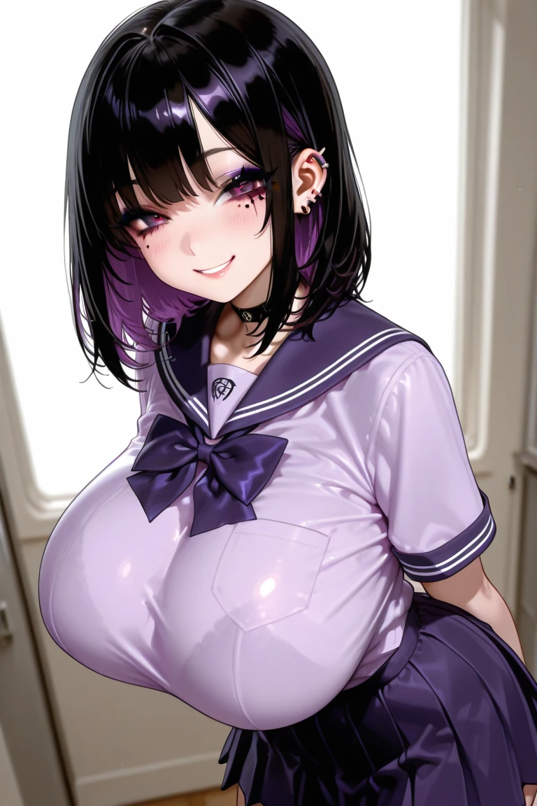 8K、An ultra-high picture quality、Best Quality、Realistic Woman、A smile、japanes、Japanese face、18-year-old woman、married woman、(curvy woman:1.2)、a navel、A dark-haired、long、Shiny skin、Oiled skin、high gloss skin、Huge breasts、purple bikini、Facing the front、 model poses、synthetic leather bikini skin、Oiled skin、glistning skin、high gloss skin:1.4)、(way to school:1.8),