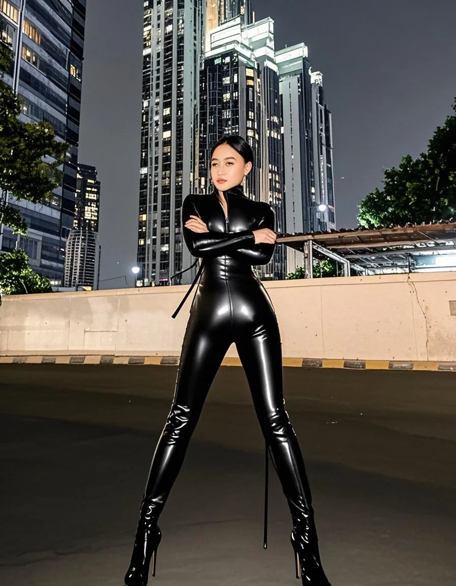 (tmasterpiece、4K 分辨率、ultra-realistic realism、The is very detailed)、("Black superhero" Theme、carismatic、Above the town there is a girl in a catwoman costume、she is a superhero)、 [((25 age old)、(Short gray hair:1.2)、full body Esbian、(eBlue eyes:1.2)、((Catwoman pose)、demonstration of strength)、((sandy urban environment):0.8)|(view over city、natta、Dinamic Light)、(moon full)]#illustrated:The tip is mainly Ultra HD、Very real、Describe highly detailed 4K paintings。Superheroines dressed in Catwoman costumes are depicted at the top of the city。The photo subject is a black superhero theme。(((posterior view))), wide lens shot, Neon lights, (((shooting from below))),expose arms，Exposing the abdomen，Glasses，