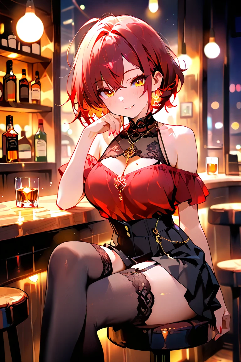 Adult Female, Mature, shy, blushing, short messy dark red hair, shoulder length hair, beautiful make up, red dress, sitting in front, dinner table, fancy resturant, table with wine, night time, window seat view, highly detailed, best detail, excellent detail, perfect anatomy, perfect hands, perfect fingers