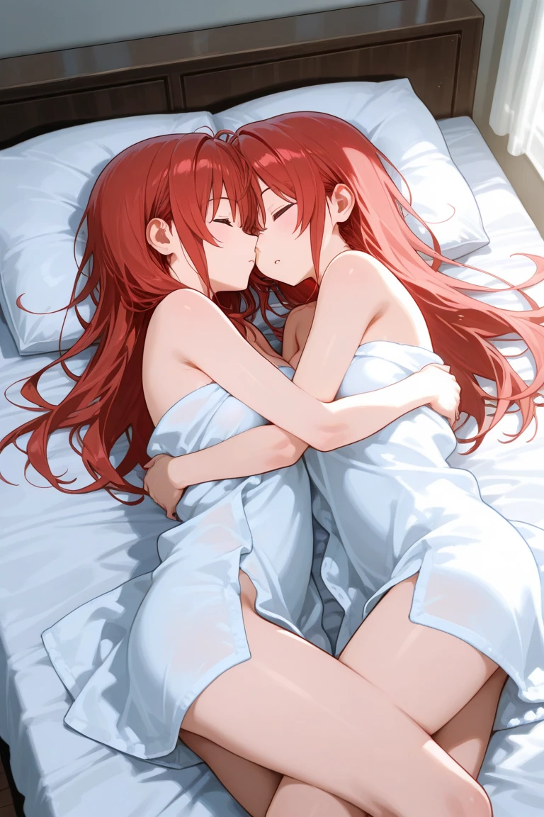 realistic,highest quality, Super detailed, High quality CG drawing, The most delicate and beautiful, floating gently, High resolution, (1 girl), (best image quality,4k,8K,masterpiece:1.2) , (All red-haired:1.5),(medium hair:1.5),(red eyes:1.5),(Completely naked:1.5),room,bed,is falling down,(face down:1.3),Upper body,(slightly larger breasts:1.5),(Turn your back to your audience:1.3)