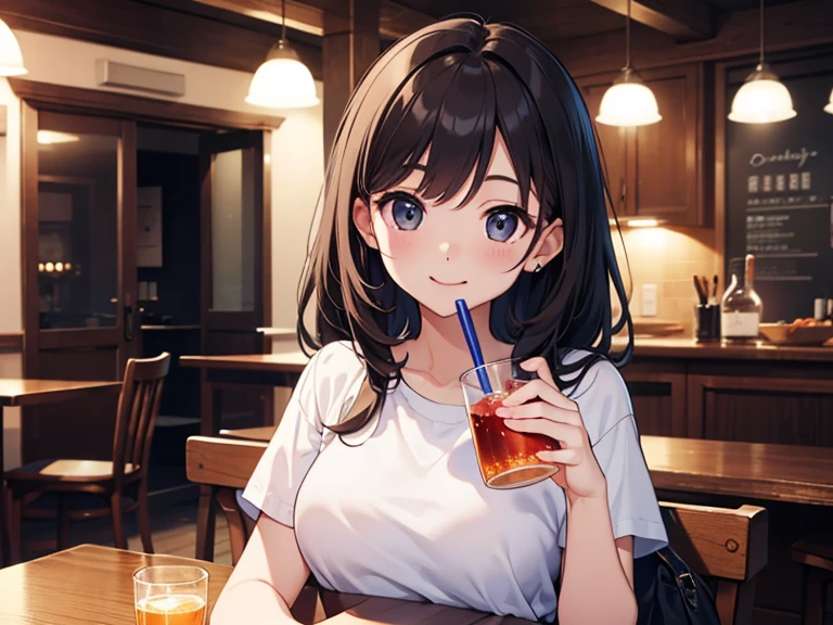 (lookin away:1.5),Upper Body, 
 Realistic, real person, (pale skin: 1.2), RAW photo, photorealistic, shiny skin, shiny hair、
(A 25-year-old woman with medium-length hair and bangs) and (wavy hair) and (brown hair) and (Orange Eyes)
blush,(smile:1.5), 
Tank top,The background is the living room at night、Drinking beer