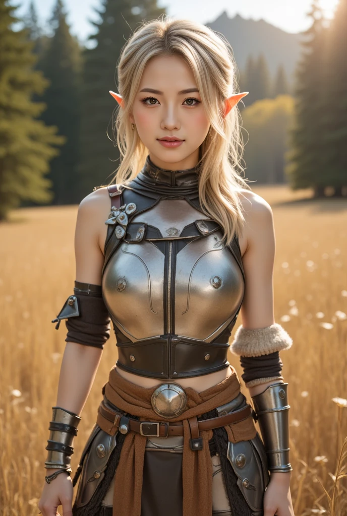 (Natural sunlight, best quality, 8k, masterpiece, raw photo: 1.3),mysterious, cute elf little girl, crystal clear white skin, fantasy, short, (((1 girl))), (( petit teen, short girl, little elf, little pointed little ears: 1.2)), slender eyes, narrow eyes, symmetrical eyes, (silver-gray hair, one-length hairstyle), earrings, (Skin revealing armor, wearing light armor, Long boots above the knee: 1.2), ultra-detailed, intricate detail, highly detailed face and skin tone, detailed detail face and eyes, realistic, small breasts, dynamic pose, mysterious forest