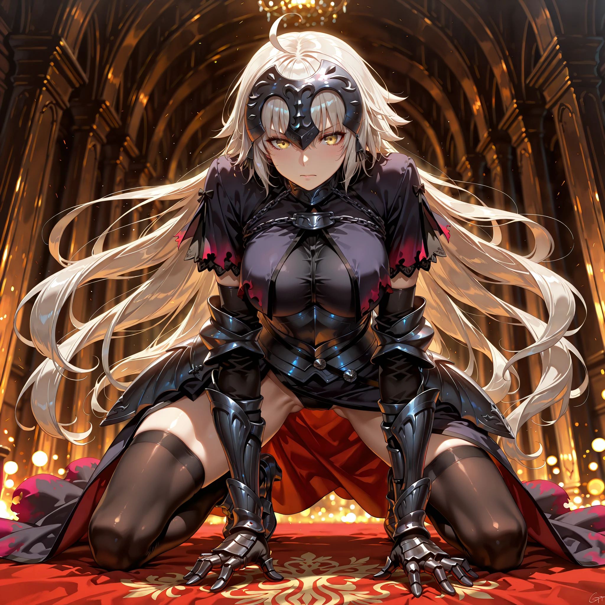 One Woman, beautiful wheat-colored skin, Beautiful silver hair, Tight French Maid, Knee-high boots, Red Glasses, Beautiful Face, Dark atmosphere, Provocative look,